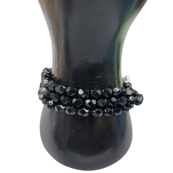 Fauceted Jet Bead Multistrand Bracelet Rhinestone Clasp Vintage 1930s Size 7.5 - Picture 2 of 11